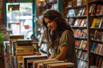 A young woman stands confidently in front of a bookshelf filled with a diverse collection of books. She appears thoughtful and curious, ready to embark on a new adventure through literature