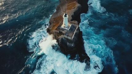 Wall Mural - A breathtaking aerial view of a lighthouse standing on a rock surrounded by vast liquid water, showcasing the beauty of natural landscape and perfect for leisure and recreation AIG50