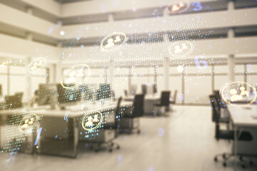Aufkleber - Double exposure of social network icons hologram and world map on modern corporate office background. Marketing and promotion concept