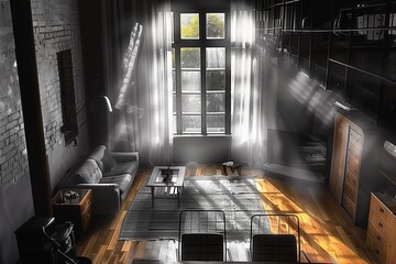 Aufkleber - A room with a couch, a coffee table, and a rug. The room is bright and sunny, with a window letting in natural light