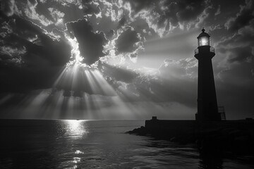 A lighthouse is lit up in the dark sky. The lighthouse is on a rocky shoreline. The sky is cloudy and the sun is shining through the clouds