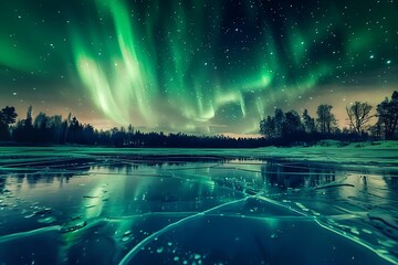 Wall Mural - A dazzling display of northern lights over a mirror-like frozen lake