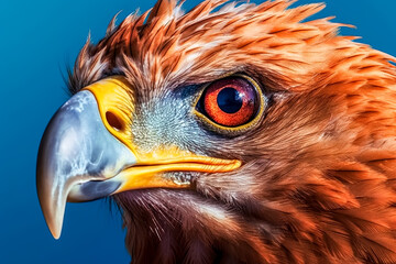 Wall Mural - A close-up of an eagle's face with a long, curved beak and a red and blue eye