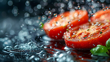 Fresh tomatoes with water drops on a dark background. Selective focus.