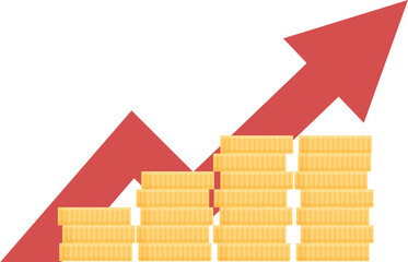 Poster - Red arrow pointing up over increasing stacks of coins, financial concept
