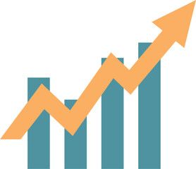 Poster - Minimalist blue and orange statistical chart with bars showing positive growth and arrow going up