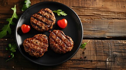 Heart shaped hamburgers showcased on a black dish against a wooden backdrop