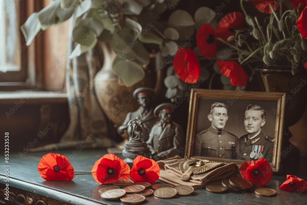 Commemorating Still life for a commemoration day, with medals, a folded flag, poppies ...