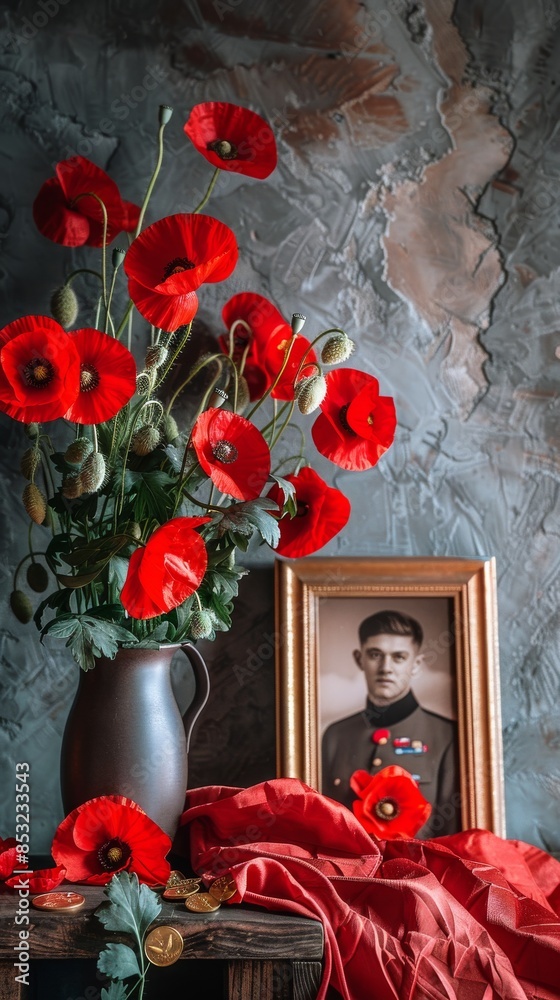 Commemorating Still life for a commemoration day, with medals, a folded flag, poppies ...