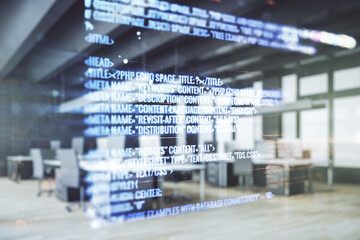 Aufkleber - Abstract virtual coding concept on a modern furnished office background. Multiexposure