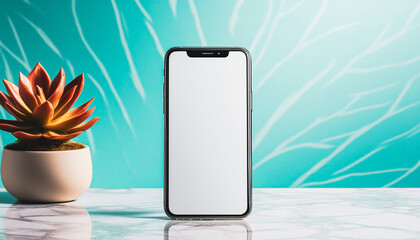 Image of a smartphone with a matte white screen placed on a table. The setting is simple and minimalist, with the smartphone positioned centrally. Mockup screen, mockup smartphone