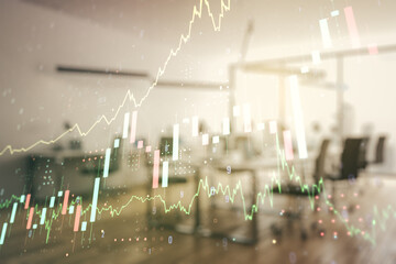 Poster - Multi exposure of virtual creative financial chart hologram on modern corporate office background, research and analytics concept