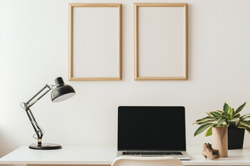 Aufkleber - minimalist image of two 3x2 wooden picture frames of the same size and dimensions hanging side by side on a white wall above a minimalist desk