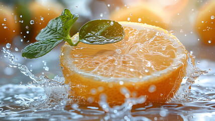 Poster - Three oranges are floating in water with green leaves. The water is splashing and the oranges are partially submerged