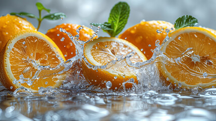 Poster - Three oranges are floating in water with green leaves. The water is splashing and the oranges are partially submerged