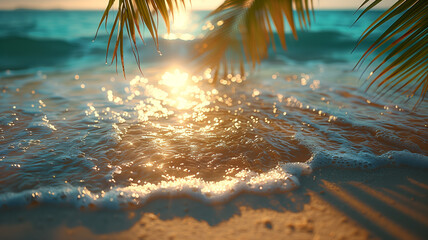 Poster - A beautiful beach scene with palm trees and a blue ocean. The sun is shining brightly, casting a shadow on the sand. Scene is peaceful and relaxing, as it captures a serene moment in nature