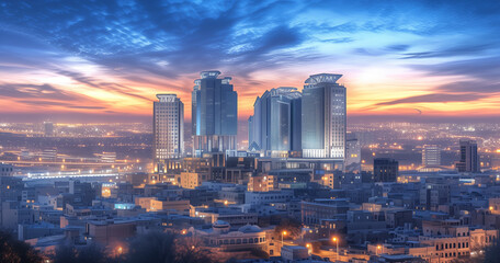 Poster - A city skyline at dusk with a beautiful sunset in the background. The buildings are tall and the lights are on, creating a warm and inviting atmosphere