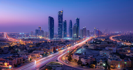 Poster - A city skyline at dusk with a beautiful sunset in the background. The buildings are tall and the lights are on, creating a warm and inviting atmosphere