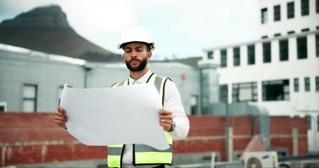 Poster - Engineer, man and thinking with blueprint outdoor for planning construction, ideas or installation inspection. Male architect, research and maintenance decision of infrastructure development project