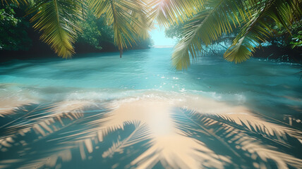 Poster - A beautiful beach scene with palm trees and a blue ocean. The sun is shining brightly, casting a shadow on the sand. Scene is peaceful and relaxing, as it captures a serene moment in nature