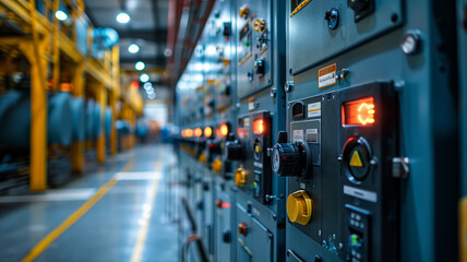 Poster - A large room with many electrical panels and a yellow line on the floor. The room is very bright and industrial