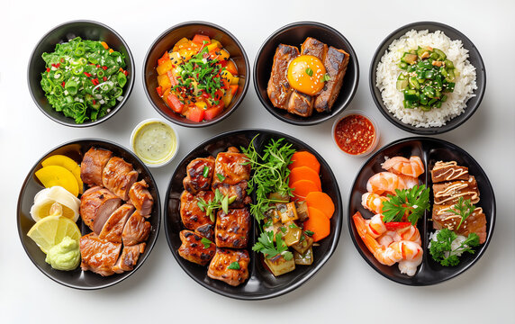 A variety of Asian food is displayed on a white table. The food includes meat, vegetables, and rice. The presentation is colorful and appetizing