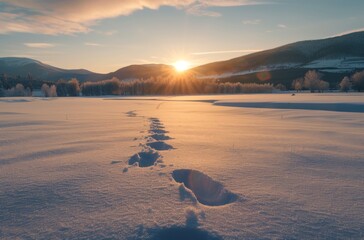 Wall Mural - Photo of footprints in the snow leading to the mountains, sunrise with a cloudy sky 