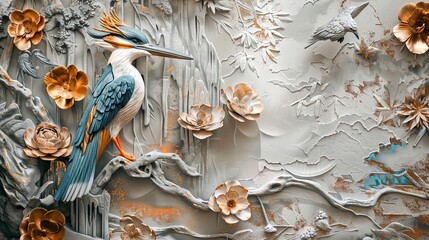 Volumetric decorative exotic birds, stucco molding, on a plastered wall with gold elements.