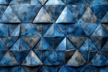 Poster - Abstract blue triangular facets forming a geometric and dynamic mosaic background