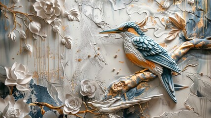 Wall Mural - Volumetric decorative exotic birds, stucco molding, on a plastered wall with gold elements.