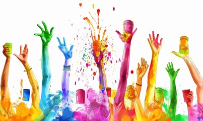 Wall Mural - Happy Holi. Festival of Colors. Vector illustration of bright colorful paint cans, splashes, hands