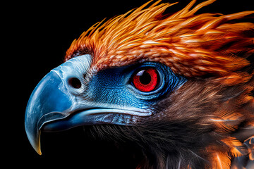 Wall Mural - A close-up of an eagle's face with a long, curved beak and a red and blue eye