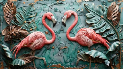 Wall Mural - Volumetric decorative flamingos in tropical leaves against the background of a plastered wall with gold elements.