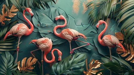 Volumetric decorative flamingos in tropical leaves against the background of a plastered wall with gold elements.
