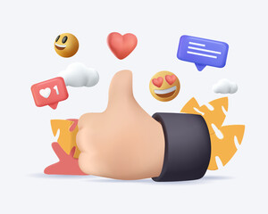 Fototapete - social media marketing banner. 3d illustration with like, comment, share and emoji smiles. communica
