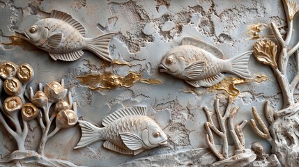 Volumetric decorative stucco on a plastered wall, seabed, corals.