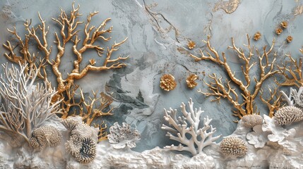 Wall Mural - Volumetric decorative stucco on a plastered wall, seabed, corals.