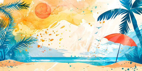 Illustration of  beach scene with a palm tree and an umbrella. The sky is orange and the sun is setting
