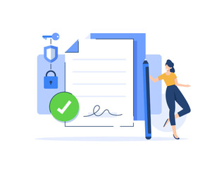 Poster - e-signature. woman signing a legal document. businesswoman signing online contract with digital sign
