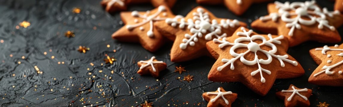 Gingerbread Star Cookies with White Icing Decoration on Dark Concrete Table - Christmas Bakery Photography Closeup