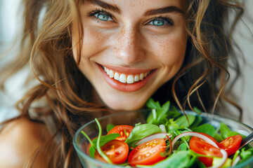 Wall Mural - Pretty female savoring a fresh vegetable salad, symbolizing a health lifestyle