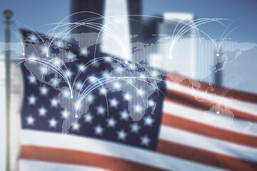 Aufkleber - Double exposure of abstract digital world map hologram with connections on USA flag and blurry cityscape background, research and strategy concept