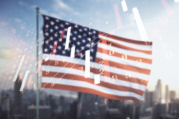 Poster - Multi exposure of abstract virtual financial graph hologram on USA flag and blurry cityscape background, forex and investment concept