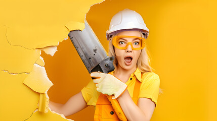 Wall Mural - Energy fun handyman blond woman in protective helmet is holding manual saw in torn hole of yellow background. Female in male hard work. Renovation, repair, building concept. Emotional portrait.