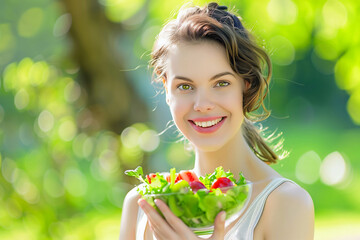 Wall Mural - Attractive woman eating a green salad outdoors in the summer, organic, vegetarian lifestyle