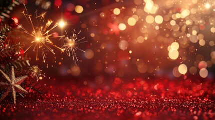 Wall Mural - Festive Golden Glitter with Defocused Lights and Fireworks on Red Background - Abstract Christmas Celebration