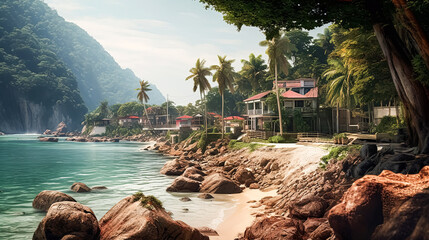 Wall Mural - A beautiful beach with a rocky shoreline and a mountain in the background.