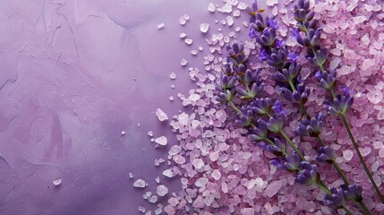 Wall Mural - Lavender sea salt with a rough texture for bathing set against a purple backdrop