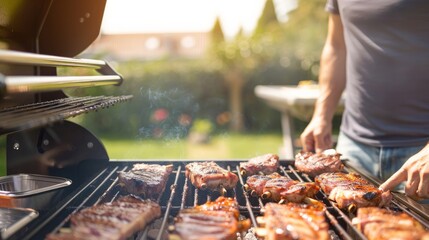 Wall Mural - man is grilling meat on a gas grill in the backyard. The meat is seasoned and looks delicious. It's a perfect summer day for a family picnic and enjoying good food outdoors