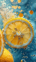 close-up of fresh lemon slices in sparkling water with vibrant bubbles